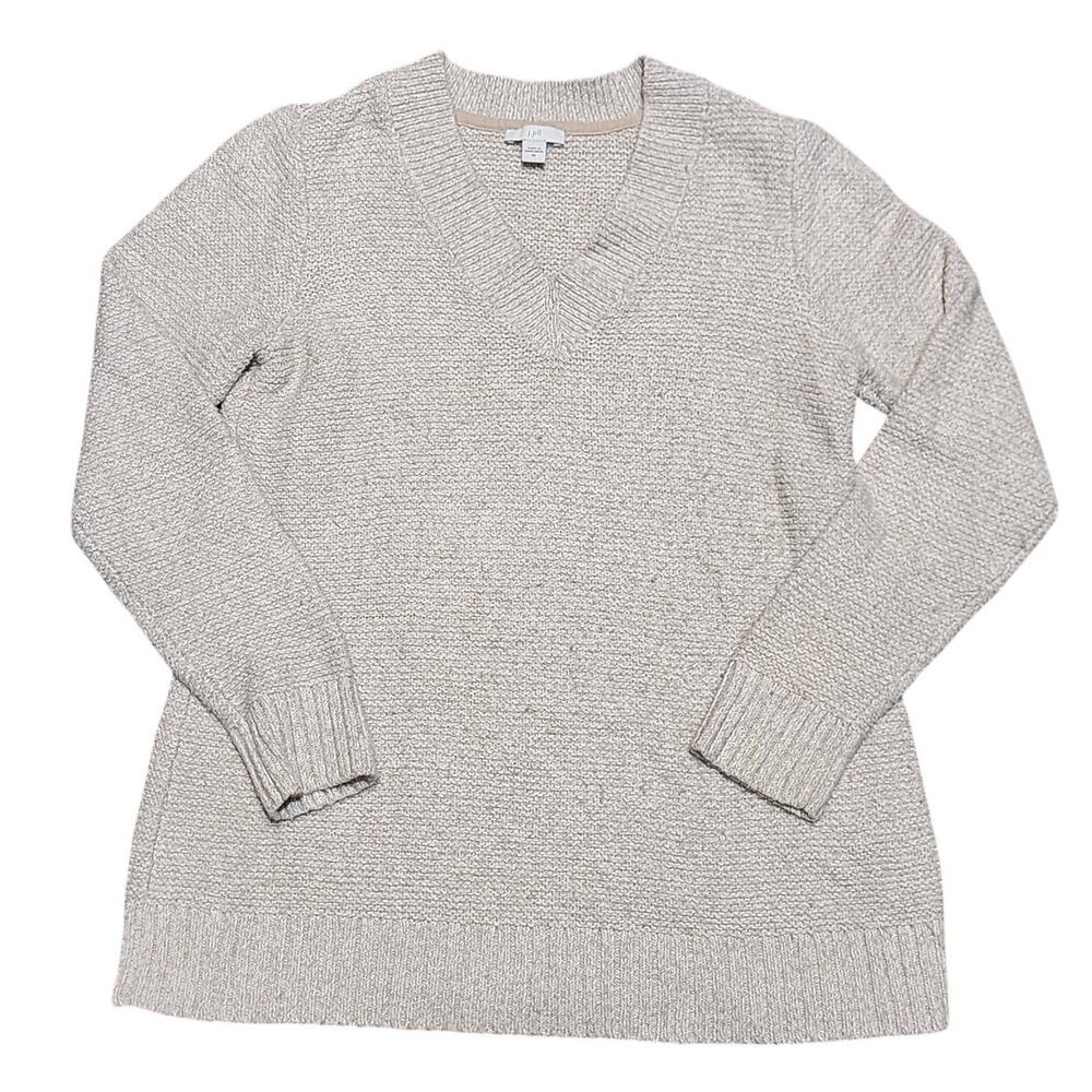 J Jill Marled V Neck Pullover Sweater Speckled Beige White Cotton Blend XS